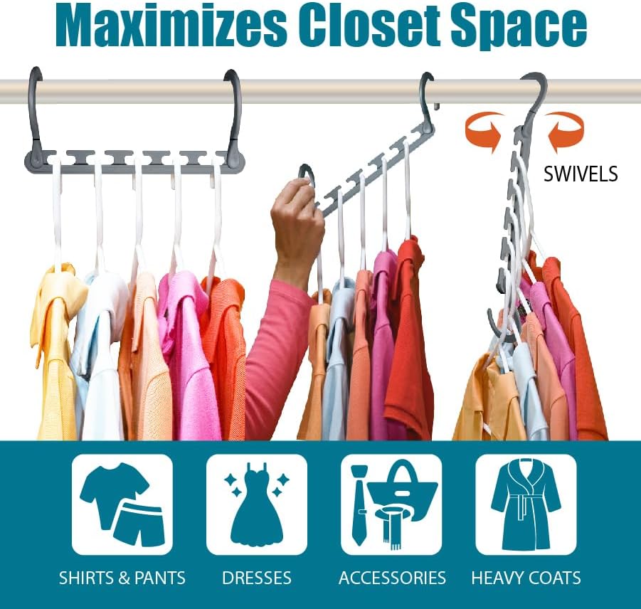 Wonder Hanger Max 30-Pack Space Saving Hangers, Reinforced Hooks Swivels 360°, Cascading Hanger, College Dorms & Storage Closet Organizer, Fully Assembled – Grey