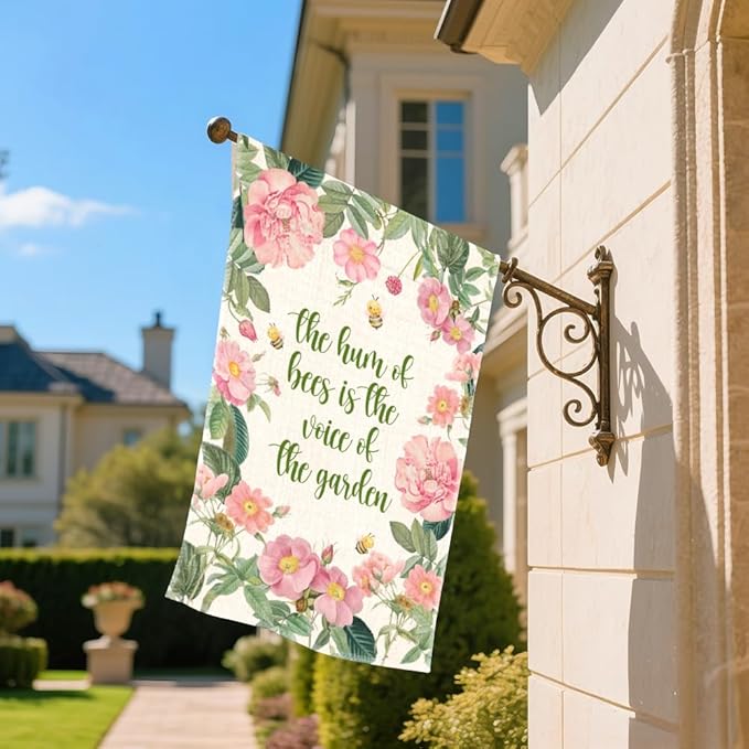 The Hum Of Bees Is The Voice Of The Garden Flags for Outside, Bees Friendly Garden Flag, Honey Bee Floral House Banner, National Pollinator Week Yard Sign Decor, Gardening Gifts for Bee Lover