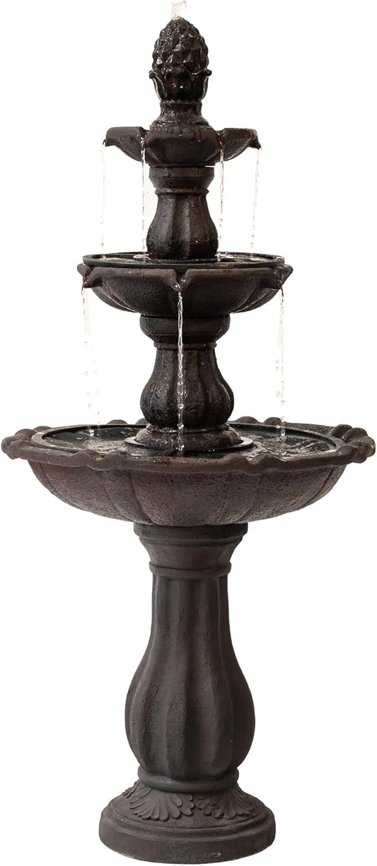 XBrand 3-Tier Freestanding Waterfall Fountain w/Pump & Pineapple Top, 51 Inch Tall, Brown, Large Outdoor Garden Fountain, Ideal for Garden, Porch, and Lawn