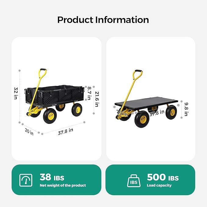 SUNNYFEEL 500 Lbs Capacity Heavy Duty Mesh Steel Garden Cart,Folding Utility Cart with Removable Side Nets, Non-Slip Rubber Base, Black & Yellow,Upgraded Version