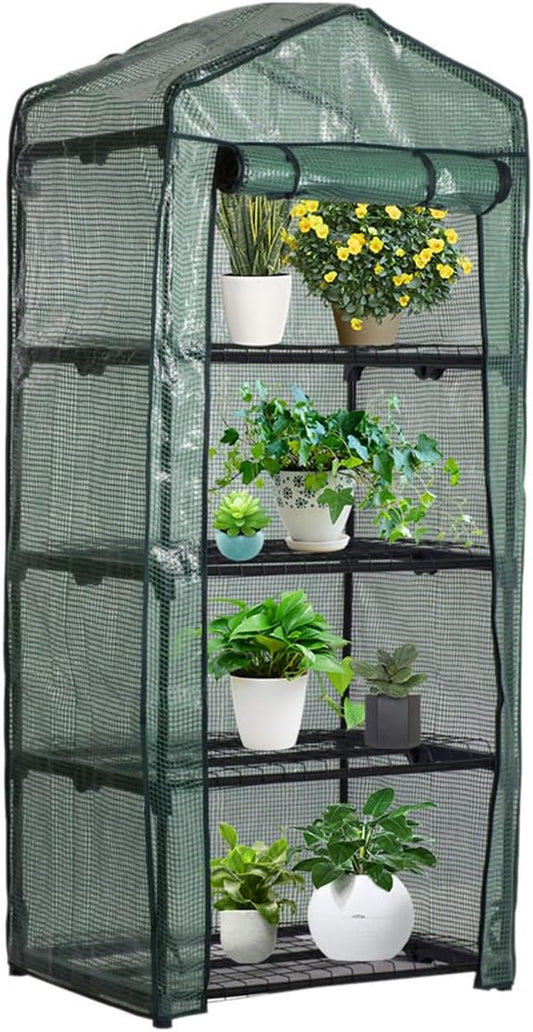 4 Tier Mini Garden Greenhouse Cover, Garden Replacement Cover with Roll-up Zipper Door, Waterproof Clear Greenhouse Cover, Plastic Mini Greenhouse for Flowers Plants and Vegetables