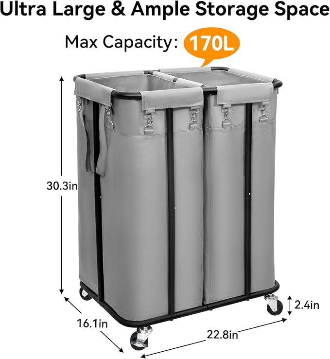 WOWLIVE Double Laundry Hamper with Wheels, 170L Rolling Laundry Basket