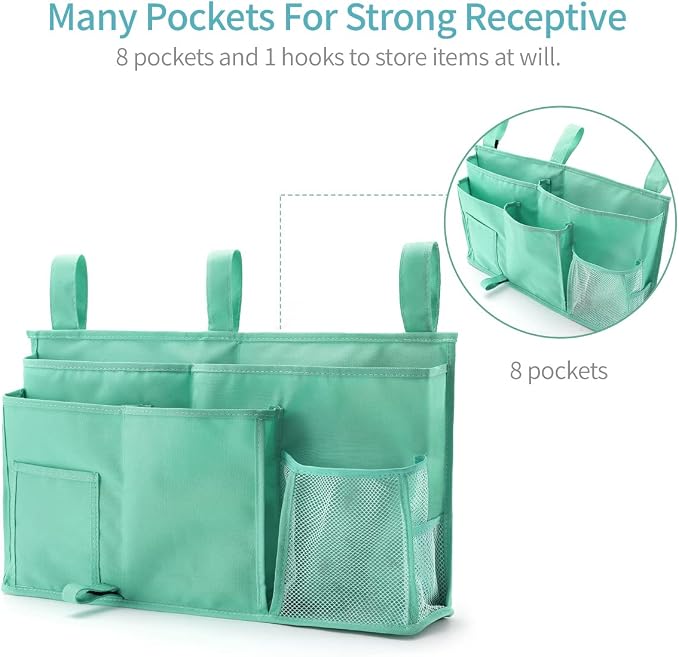 Bseash Bunk Bed Organizer, Bedside Caddy Hanging Bed Organizer Storage Bag 8 Pockets, for College Dorm Rooms Bed, Hospital Bed, Baby Bed Rails, 600D Oxford Cloth (Light Green)