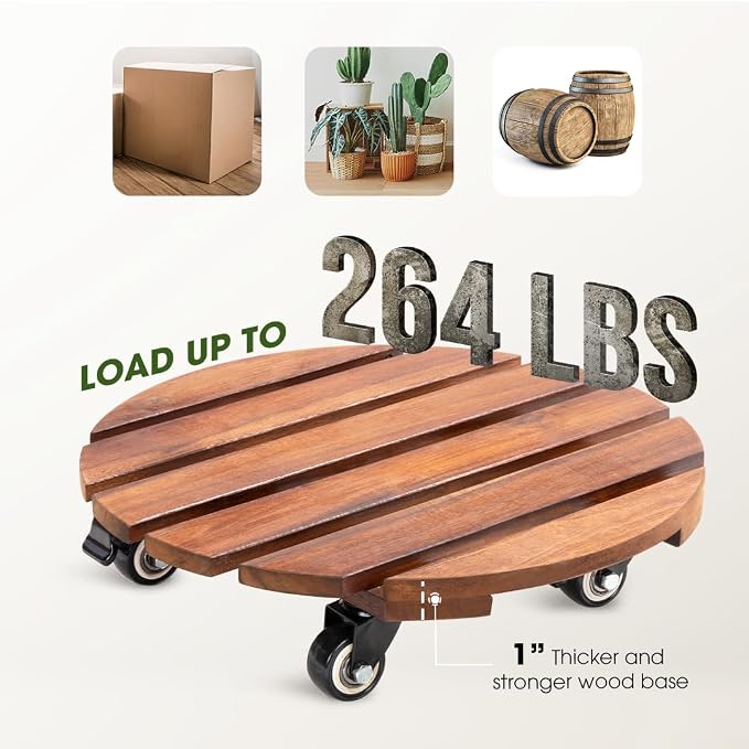2-Pack 14 Inch Acacia Wood Plant Caddy with Wheels – Heavy-Duty Plant Dolly with 264 Lbs Capacity, 360° Lockable Wheels for Large Plant Pots, Heavy Objects, Ideal for Indoor and Outdoor Use