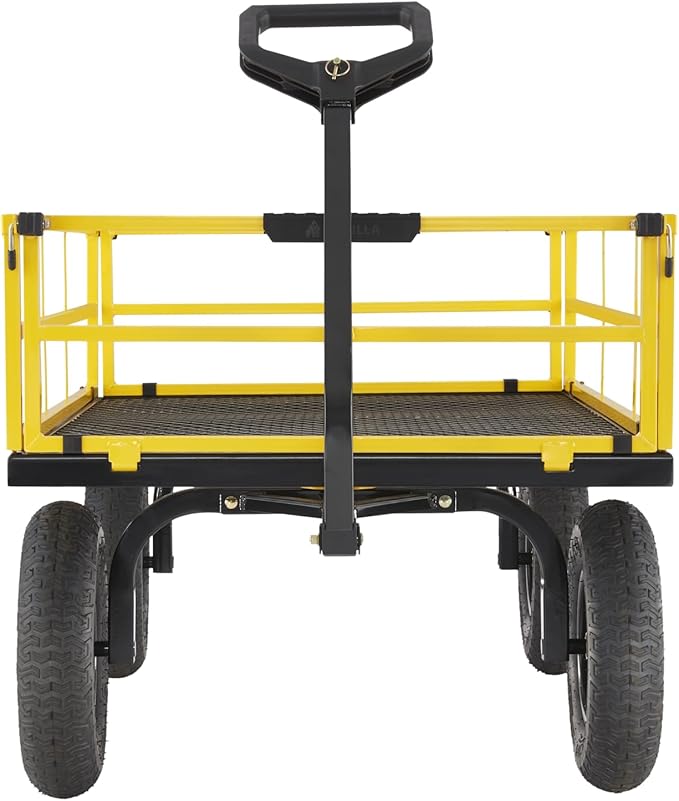 Gorilla Carts 1,400 lb Steel Utility Garden Cart, Heavy Duty 4-Wheel Yard Cart with Convertible 2-in-1 Handle & Removable Sides, 12 cu ft, Black/Yellow