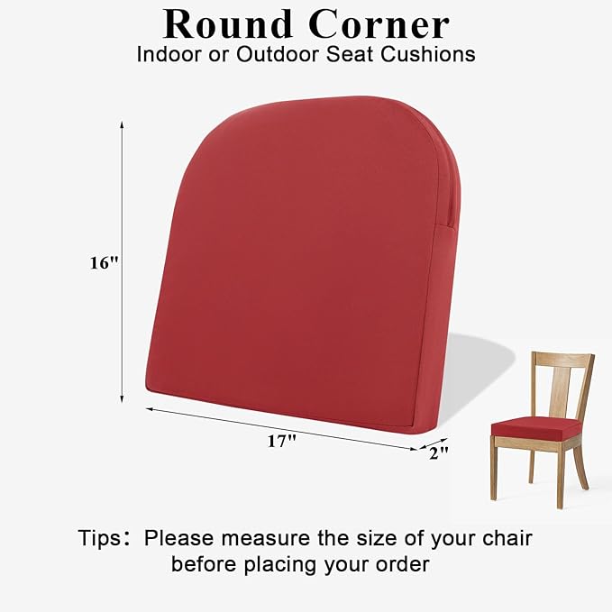 Topotdor Outdoor Chair Cushions for Patio Furniture,Waterproof Patio Chair Cushions Set of 2,Indoor/Outdoor Round Corner Chair Seat Cushion with Ties,17"x16"x2" Red