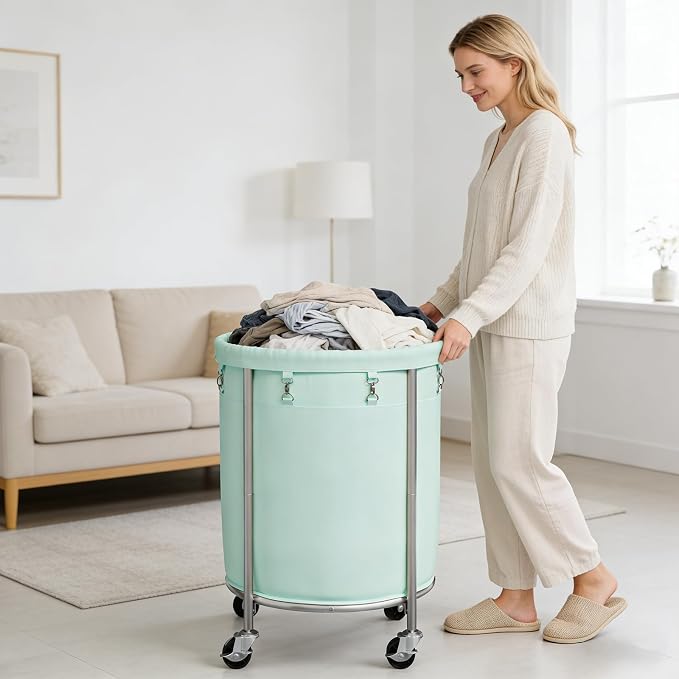 ELYKEN Laundry Basket with Wheels, Round Rolling Laundry Hamper, Mint Green