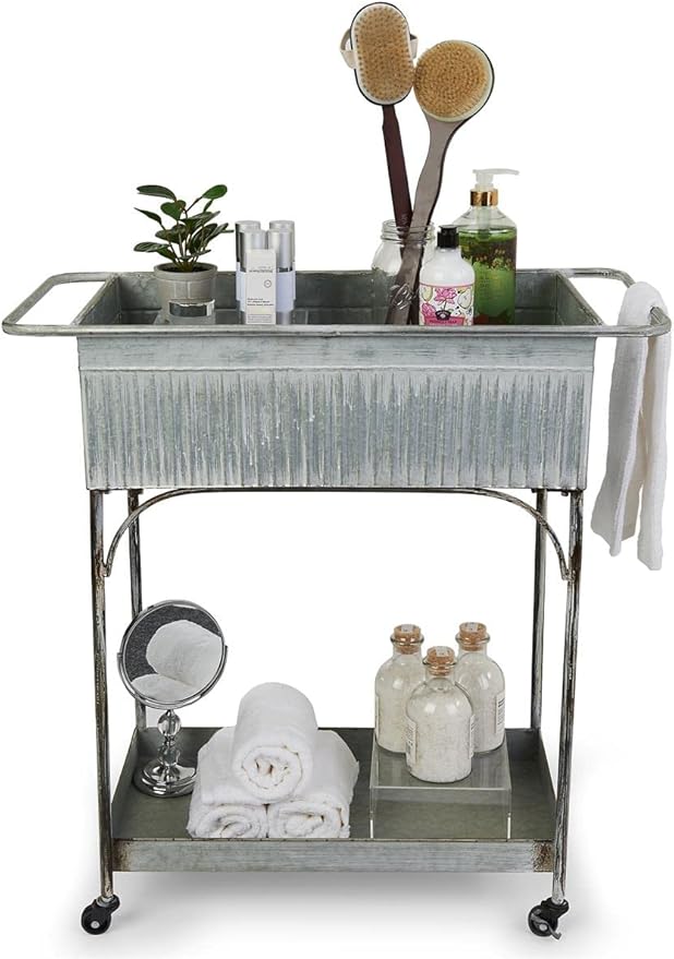 Displays2go Rustic Garden Planter Cart, Galvanized Steel, Top & Bottom Trays, Wheels - Silver (SMRGGMDC)