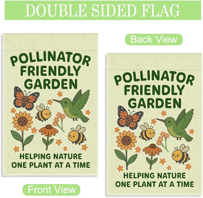 Pollinator Friendly Garden One Plant at A Time Garden Flag, 12 x 18 Inch Double Sided Butterfly Hummingbird Outdoor Yard Decor, Wildlife Garden Banner for Pollinator Advocate Nature Lover