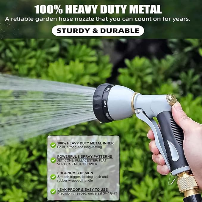 Garden Hose Nozzle Heavy Duty,100% Metal High Pressure Water Hose Sprayer Nozzle with 8 Adjustable Spray Patterns, Non-Slip Grip Hose Sprayer Outdoor for Watering Plants & Lawns, Washing Cars & Pets