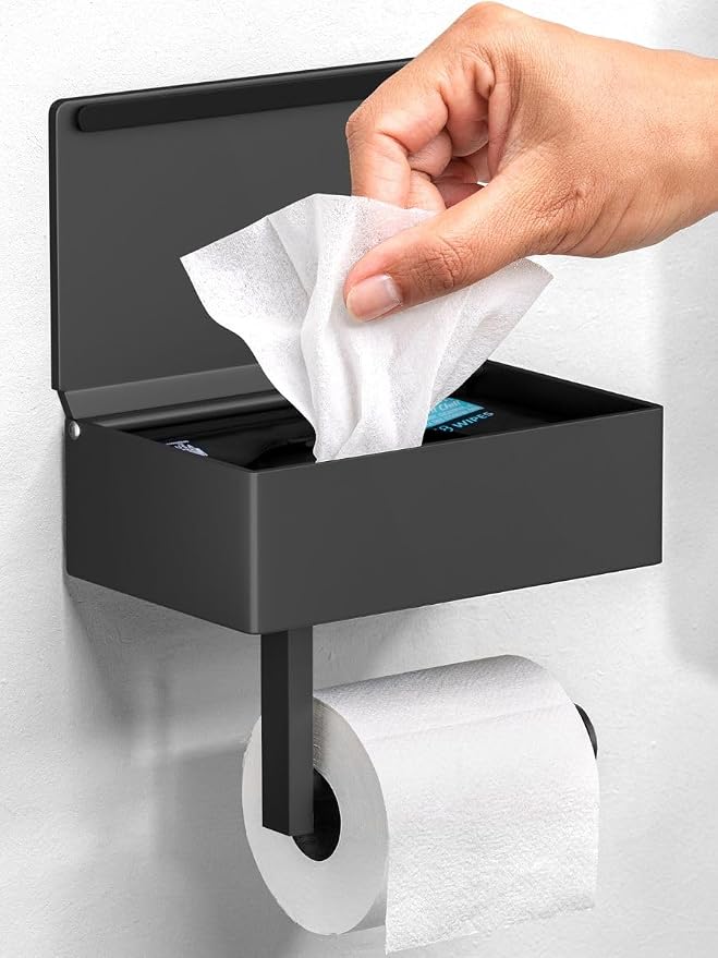 Day Moon™ Matte Black Toilet Paper Holder with Shelf & Wipe Storage, Bathroom Roll Holder with Built-in Wipe & Tampon Holder, Wall Mounted Flushable Wipe Dispenser