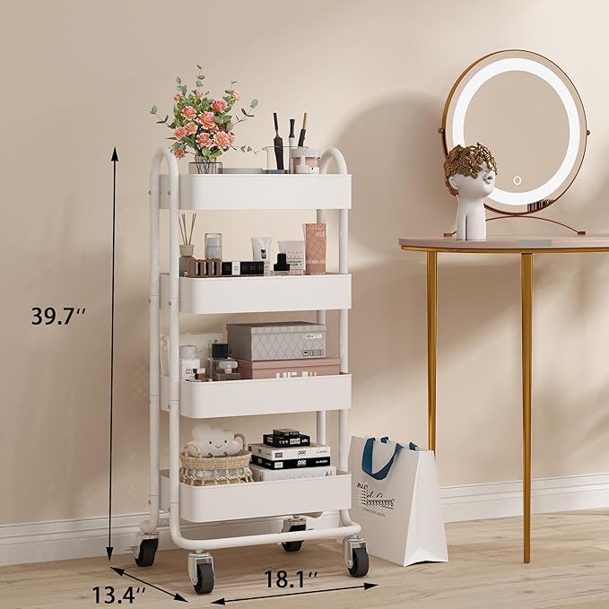 4 Tier Metal Rolling Cart with Wheels,4 Tier Utility Cart with Wheels for Office,Home,Kitchen,Garden（13.4"x18.1"x40"） White