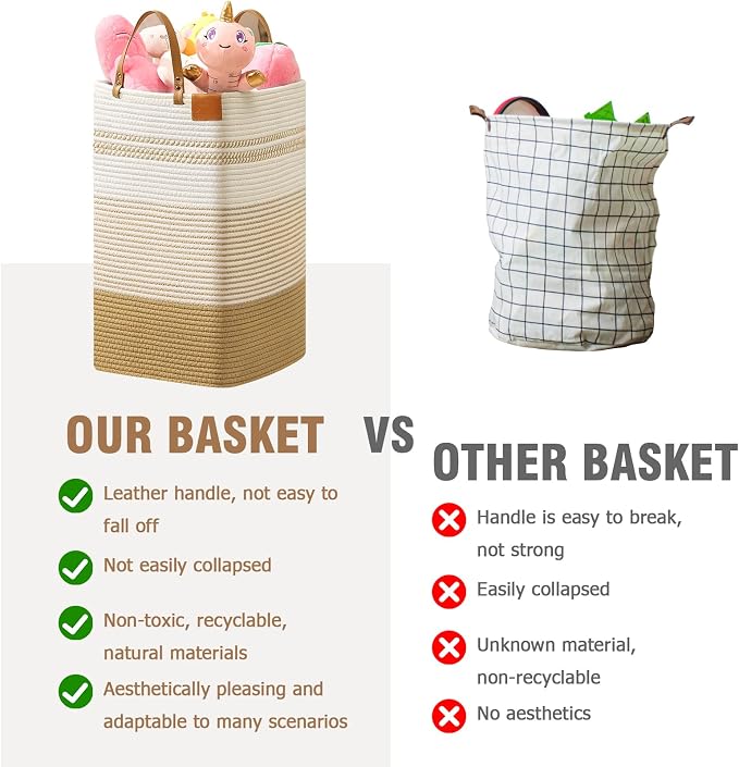 danpinera 100L Nursery Hamper, Tall Woven Laundry Basket with Long Leather Handles, Boho Laundry Hamper for Living Room & Bedroom, Eco-friendly & Convenient Decorative Storage Basket White & Jute