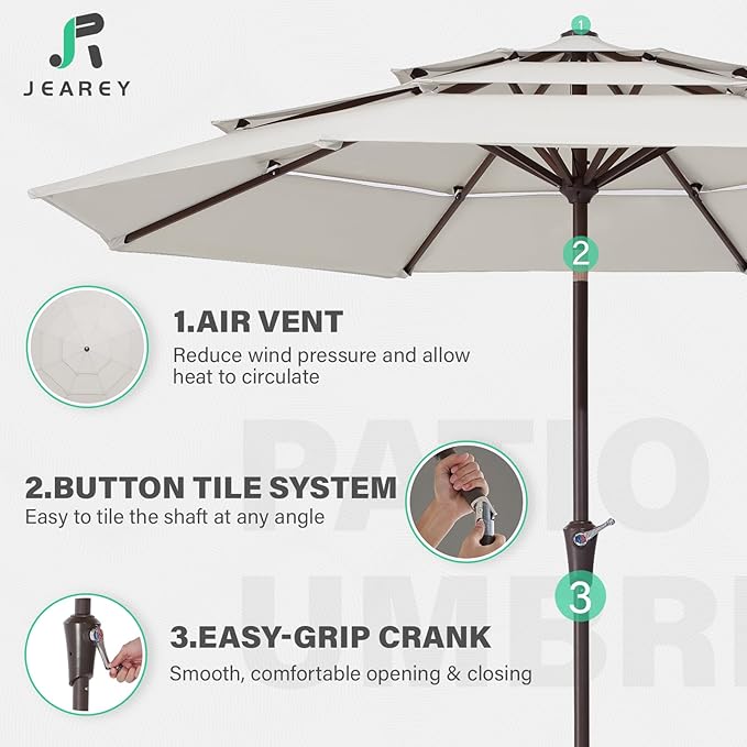JEAREY 9FT 3 Tier Patio Umbrella Outdoor Market Umbrella Table Umbrellas with 8 Ribs 1.5 Pole Push Button Tilt and Crank UV Protection for Garden,Off-white