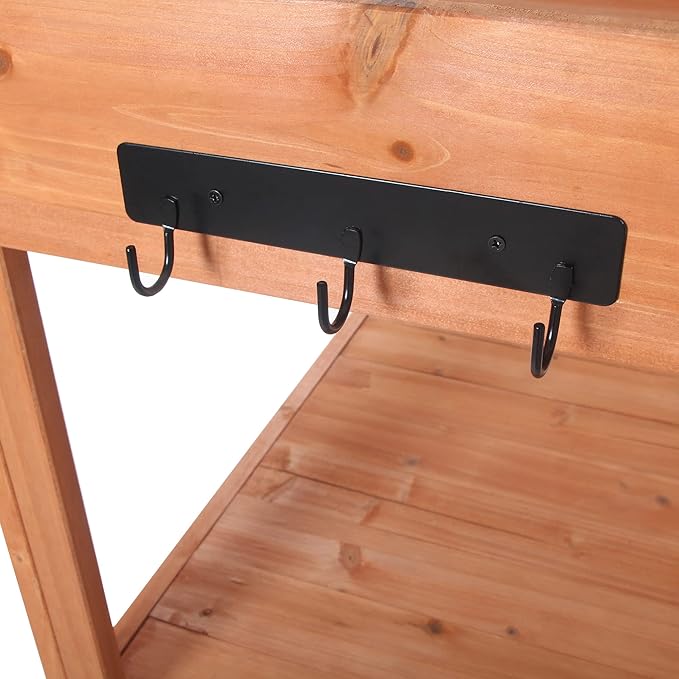RUNNA 65" Large Wooden Farmhouse Rustic Outdoor Potting Bench Table, Patio Workstation, Garden Potting Bench with 4 Storage Shelves and Side Hook (Natural#023)
