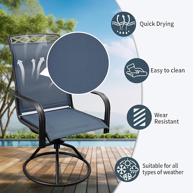 SHGJ&SOFT Patio Swivel Chairs, Waterproof Outdoor Dining Chairs with All-Weather Textilene Mesh for Deck, Garden, and Backyard (Patterned Backrest-Blue, Set of 2)