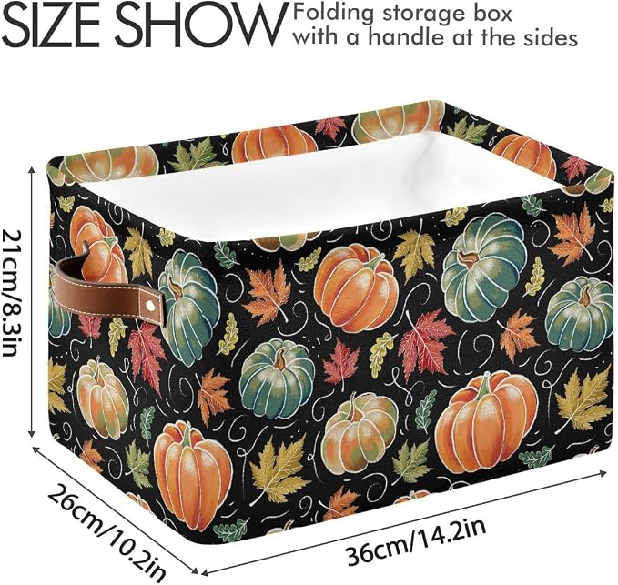 Pumpkin Black Storage Basket Fabric Kitchen Baskets Fall Maple Leaves Autumn Open Home Storage Bins Boxes Foldable Organizer Bag for Baby Cloth Pet Toy Book Shelf Closet Baskets 2 Pack 16×12×8 Inches