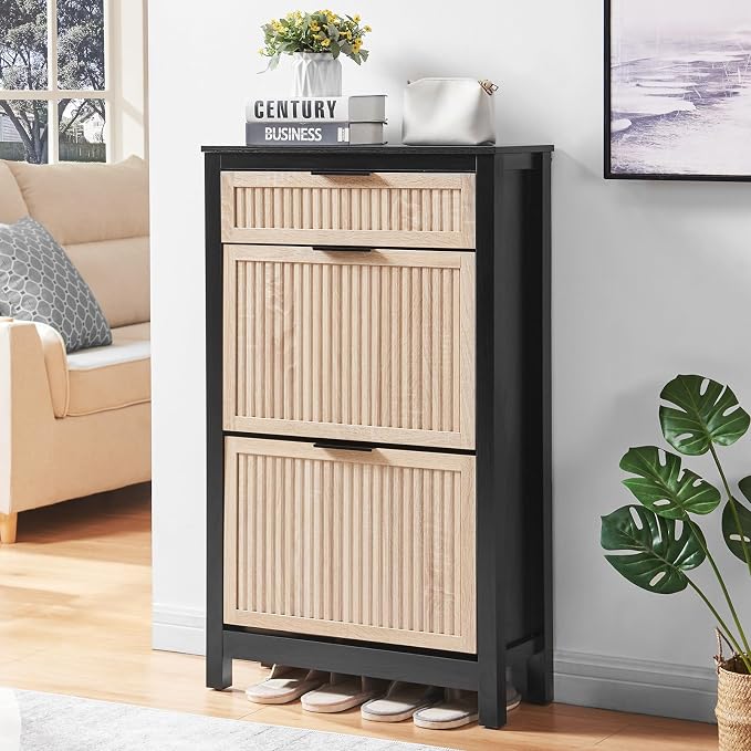 2-Flip Drawer Shoe Cabinet Narrow Entryway Rack, Oak&Black