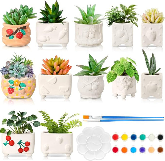 Hushee 12 Sets Ceramic Succulent Planters Paintable Succulent Plant Pots Small DIY Figurines Unpainted Pots with Drainage Hole Color Paints Paintbrushes Palettes