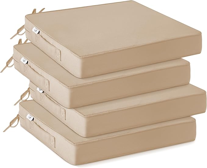 IPYNBAP Outdoor Chair Cushions Set of 4 -Waterproof Outdoor Seat Cushions for Patio Furniture, Patio Chair Cushion with Handle and Ties, Square Out Door Chair Pads,17" x 16" x 2",Beige