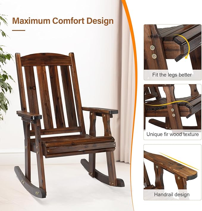 VINGLI Outdoor Rocking Chair, Heavy Duty 600 LBS Wooden Rocking Bench with Comfortable Backrest, Weatherproof Patio Rocker with Ergonomic Design, Wood Rocking Chair for Patio, Garden (Rustic, 1PC)