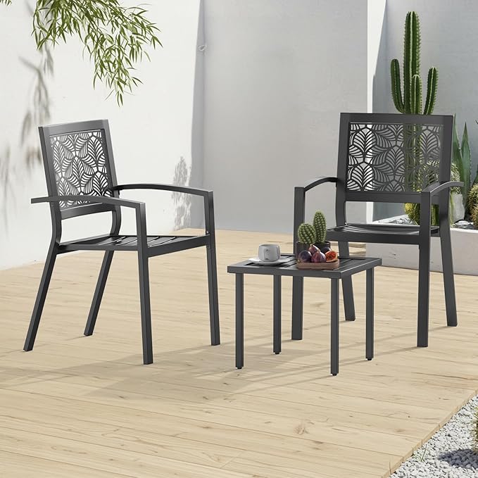 BUPPLEE 3 Piece Patio Bistro Set, Outdoor Steel Furniture Set, Stackable Modern Conversation Sets for Balcony Garden Deck Patio w/2 Chairs 1 Table, Black