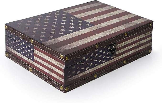 DreamsEden Wooden American Flag Storage Box,Memory Keepsake Box with Latch | 12.2’’L x 8.6’’W Large Decorative Chest, Vintage Patriotic Home Shelf Decor, Organizer for Keepsakes Memories Letters Photos