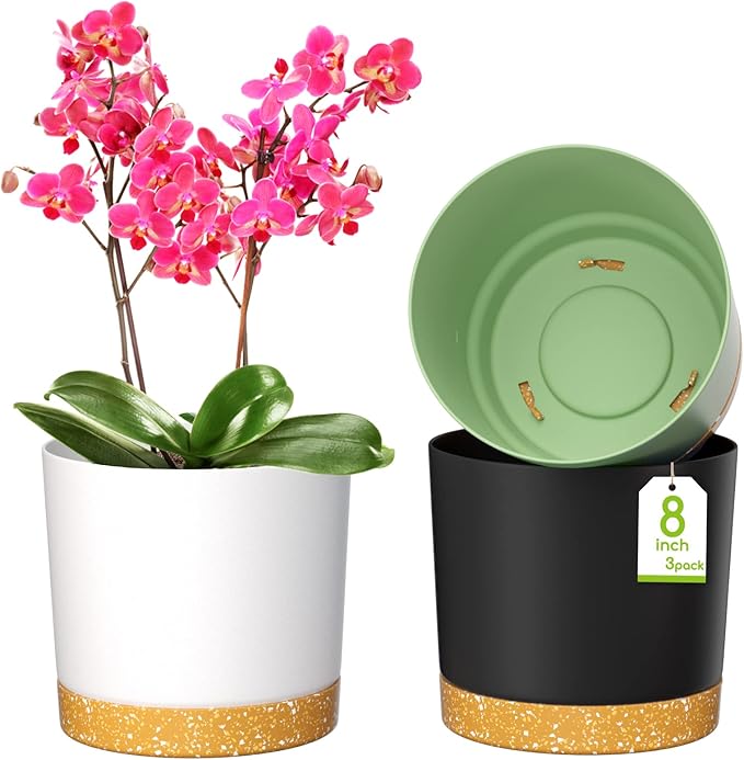 ZMTECH Spring Planters for Indoor Plants, Plant Pots & Flower Pots, Plastic Planter 3 Pack 8 Inch Self Watering with Drainage Hole and Saucer, Modern Decorative Indoor Outdoor, Dark Gray White Green