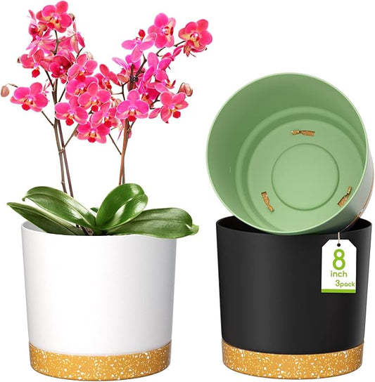 ZMTECH Spring Planters for Indoor Plants, Plant Pots & Flower Pots, Plastic Planter 3 Pack 8 Inch Self Watering with Drainage Hole and Saucer, Modern Decorative Indoor Outdoor, Dark Gray White Green