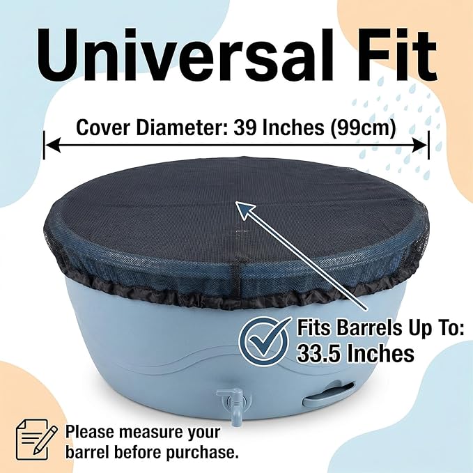 2PCS 39’’ Mesh Cover for Rain Barrel with Drawstring Water Collection Buckets Tank Net Cover Rain Barrels Protector for Preventing Fallen Leaves in Outdoor Garden Eaves(Black)