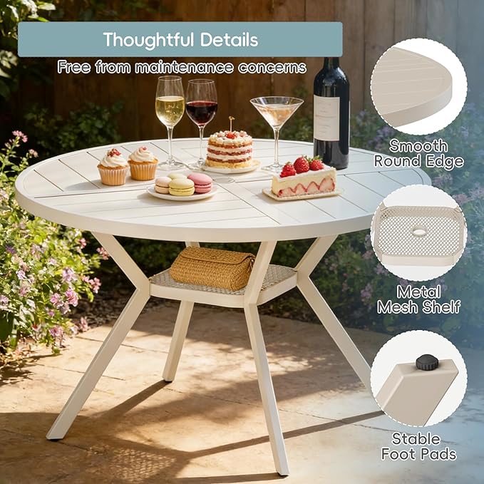 47" Outdoor Patio Table Dining Table, All Weather Metal Round Patio Table with Adjustable Umbrella Hole, Patio Furniture for Lawn Garden Backyard, Sandshell