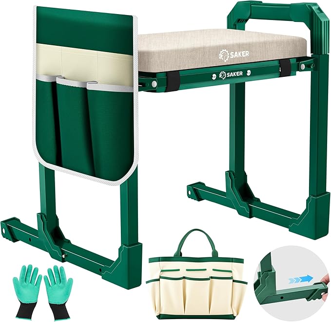 Saker Garden Kneeler and Seat Foldable Gardening Stool with Extendable Legs & Thickened Pad, Tool/Storage Bag, Heavy Duty 500lbs Support for Elderly, Gardening, Outdoor Use