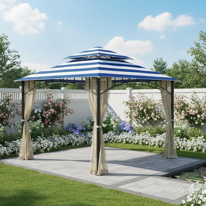 Garden Winds Durable 350 Replacement Canopy Top Compatible with Madaga 10’ x 10’ Gazebo Models L-GZ136PST, L-GZ136PST-7, L-GZ136PST-2 - Cabana Blue