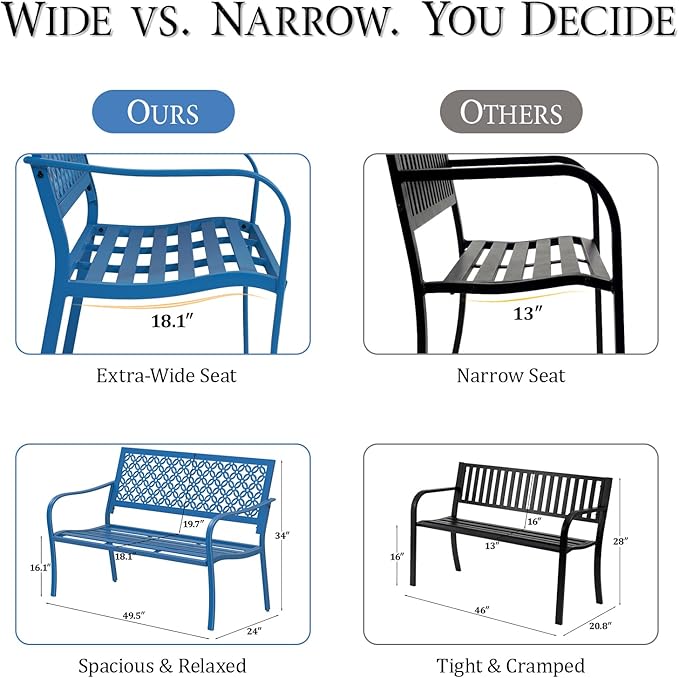 ONBRILL 50" Outdoor Bench Weatherproof, 700 lbs Capacity Heavy Duty Garden Benches with Galvanized Metal Frame, Patio Bench with Floral Backrest, Patio Furniture for Porch, Park, Yard, Entryway, Blue