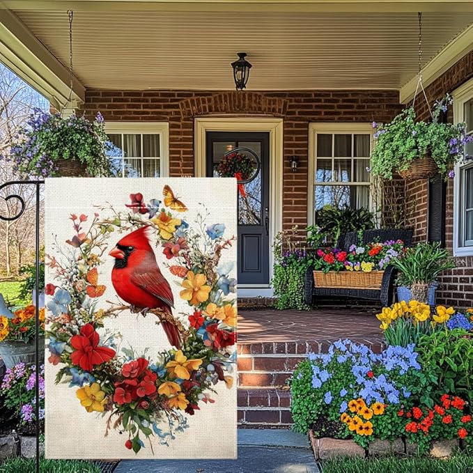 Red Bird Butterfly Flowers Garden Flag 12x18 Inch Double Sided Spring Summer Cardinal Colorful Floral Yard Outdoor Flag House Holiday Outside Decoration