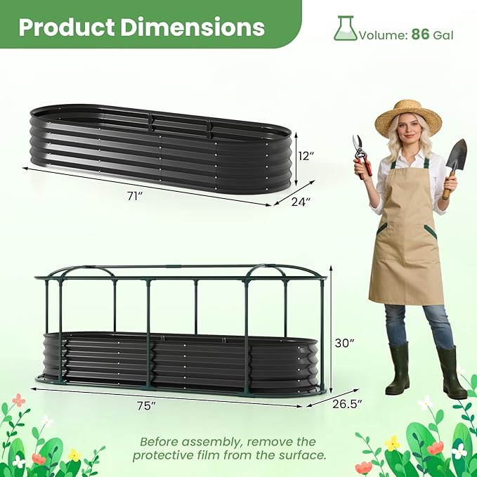 Giantex Raised Garden Bed w/Greenhouse Cover, Outdoor Oval Metal Steel Planter Box w/Roll-up Window, Clear PVC Mini Greenhouse for Vegetables Flowers Herbs Outdoor Patio Gardening, 6x2x1 FT (Black)