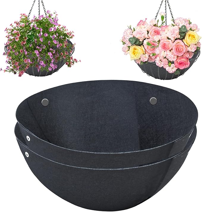 2PCS 14 Inch Round Hanging Basket Liner Fabric Non-Woven Planter Black Felt Replacement Inserts for Hanging Baskets Outdoor Plants - Avoid Bird Nesting