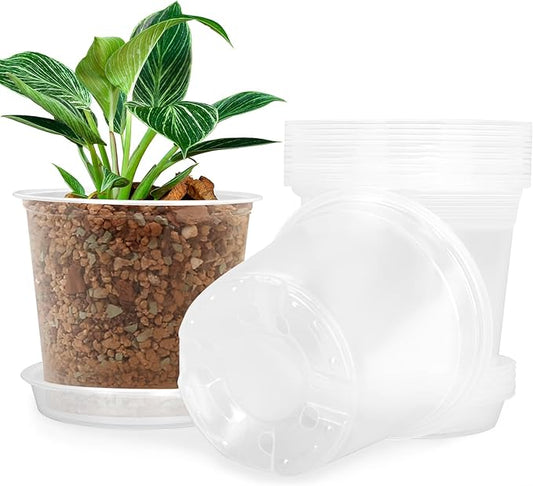 FUIJOL 7 Inch Clear Nursery Pots for Plants with Sacuers 15 Pack, Plastic Flower Pots with Drainage Holes, Variety Pack Seedlings Garden Pot for Indoor Outdoor (7 inch)