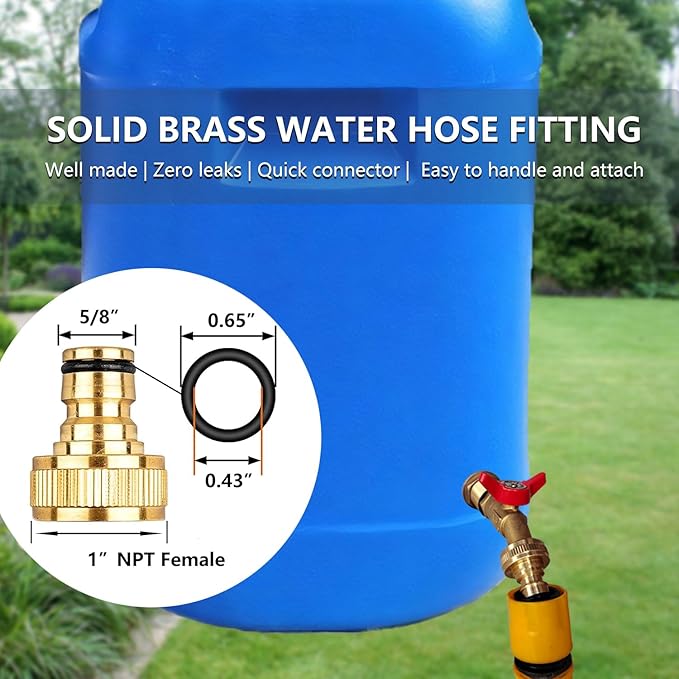 Hymnorq Rain Barrel Spigot Kit, Brass Outdoor Faucet Water Spigot for Water Barrel Bucket, Quarter Turn Ball Valve, with Bulkhead Fitting, Hose Connector Adaptor, Filter, Seal Tape