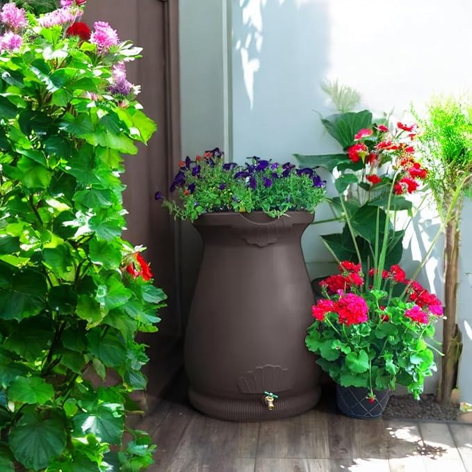 Rain Wizard Decorative Urn Rain Barrel, Durable polyethylene Resin, with Brass Spigot, Flat-Back Design,Perfect for Gardening Any Home (Oak, 65 Gallon)
