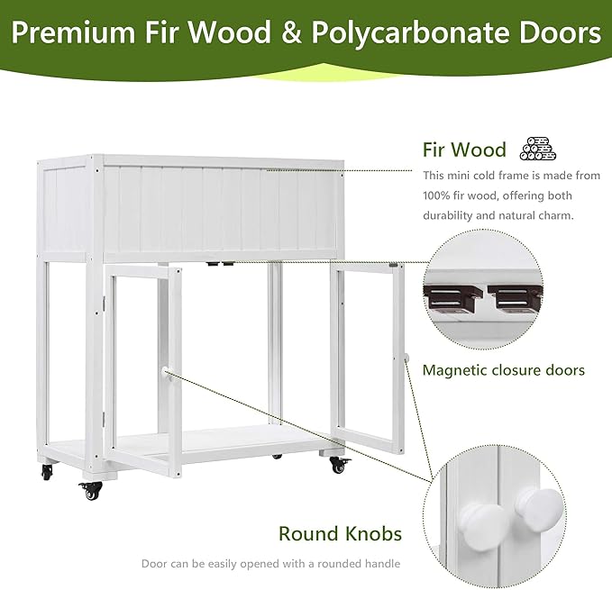 Polibi Patio Mini Wood Cold Frame, Compact 2 Doors Garden Greenhouse with Wheels, Raised Bed with Liner for Indoor Outdoor Use,35.4''x17.7''x37.4'',White