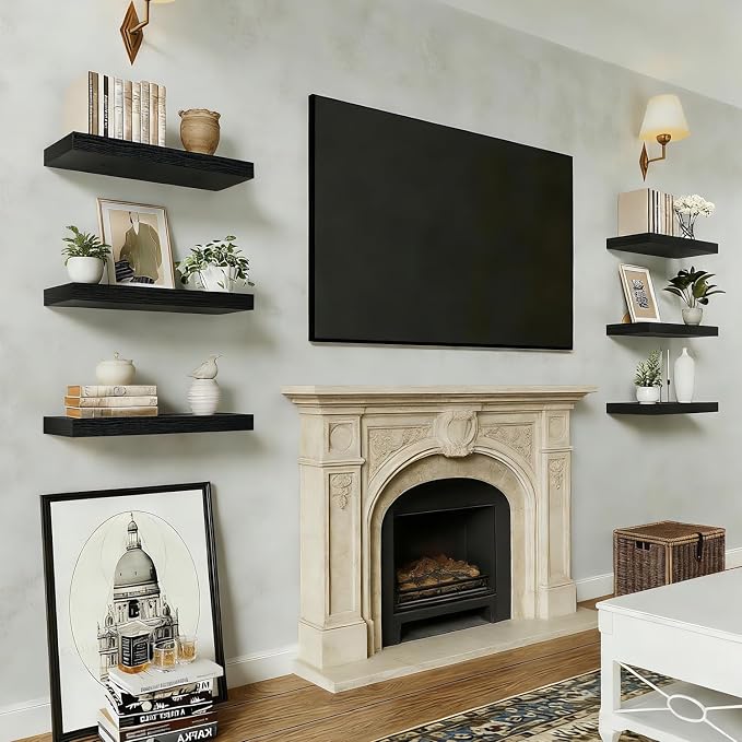 Solid Wood Floating Shelf, Wall Mounted Display Bookshelf for Bedroom, Bathroom, Kitchen, Living Room, Decor Wall,Set of 2 (Black, 15.75'W *9.25" D*1.57" H,Set of 2)