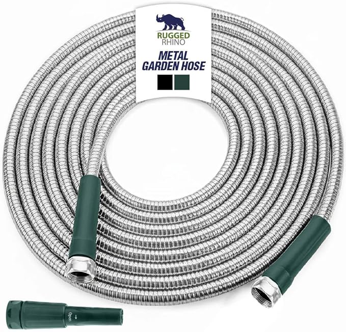 RUGGED RHINO Metal Garden Hose with Spray Nozzle, 75FT, 304 Stainless Steel, 750 PSI Burst Strength, Heavy Duty Flexible Water Hose, Kink Resistant, Leakproof for Yard, Lawn and Outdoor Use, Green