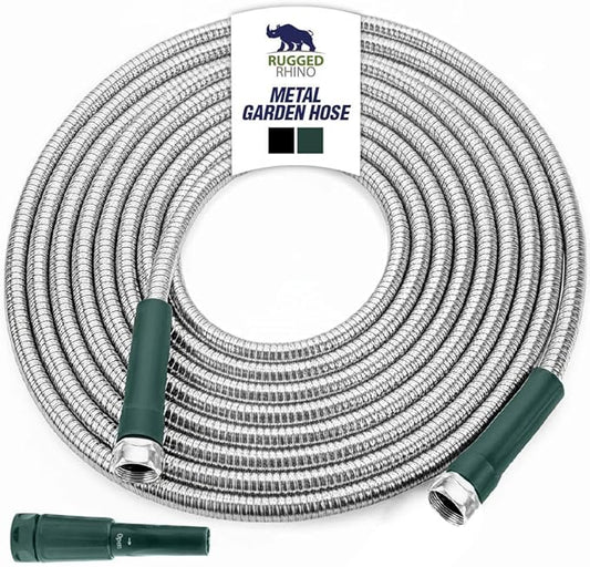 RUGGED RHINO Metal Garden Hose with Spray Nozzle, 50FT, 304 Stainless Steel, 750 PSI Burst Strength, Heavy Duty Flexible Water Hose, Kink Resistant, Leakproof for Yard, Lawn and Outdoor Use, Green