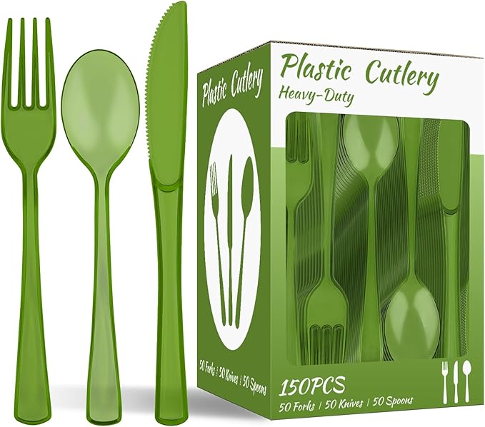 150 PCS Plastic Silverware Disposable Silverware Heavy Duty Utensil Sets 50 Of Each Forks Knives & Spoons Disposable Cutlery Set For Easter,Birthday,Baby Shower,Garden Party,Wedding(150,Olive Green)