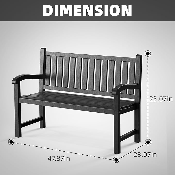 PatioZen Outdoor Bench, Waterproof & Weatherproof Garden Bench with Ergonomic Design, 2-Person Resin Bench for Porch, Deck, Patio, Outdoor, Garden & Park