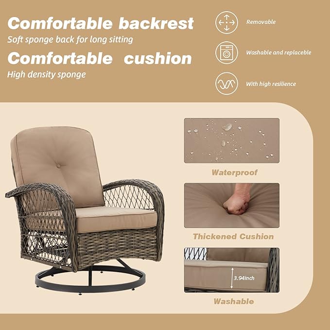 MELLCOM 3 Pieces Patio Furniture Set, Outdoor Swivel Rocker Patio Chairs, Wicker Patio Bistro Set with Rocking Chair, Thickened Cushions and Glass Coffee Table for Backyard, Garden, Khaki