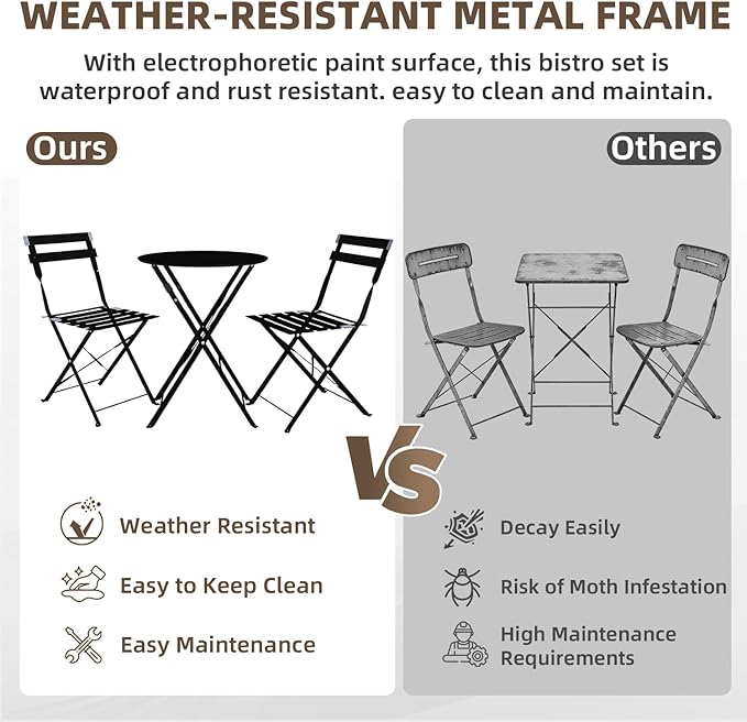 3-Piece Folding Bistro Set, 2 Chairs and 1 Coffee Table, Space Saving Weather-Resistant Frame, Portable Indoor/Outdoor Patio Furniture Conversation Set for Garden Porch Balcony Deck - Black