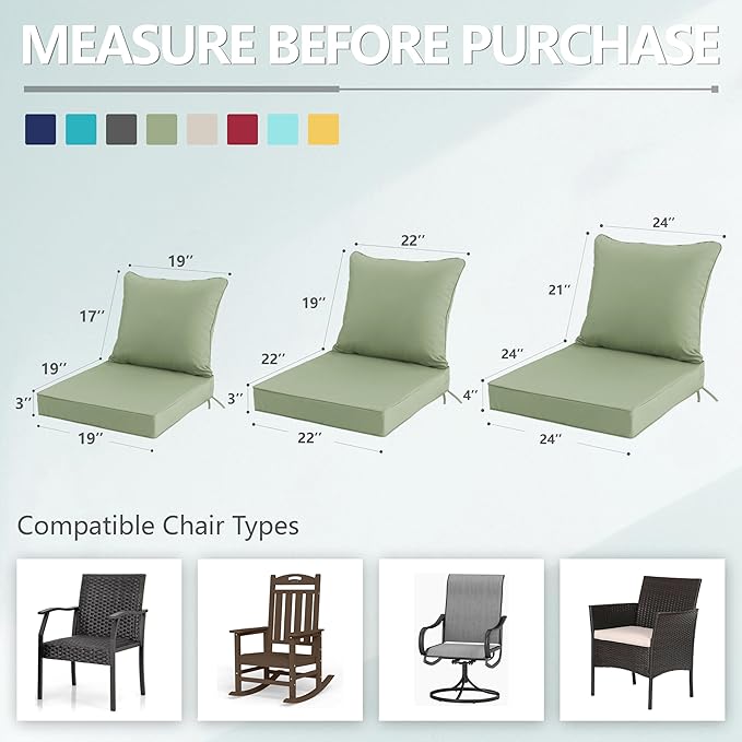 22x22 Inch Patio Chair Cushions Set of 2, Outdoor Furniture Cushions - Removable Cover, Water-Repellent, Fade-Resistant, Non-Slip Bottom & Straps, Replacement for Lawn, Porch & Deck Chair - Sage Green