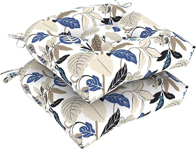 DYTXIII Set of 2 Outdoor Chair Cushions 19"x19"x4", Water Repellent Tufted Patio Seat Cushions with Ties, Thick Replacement Pads for Wicker Dining Chairs, Patio Furniture, Breeze Leaves Beige
